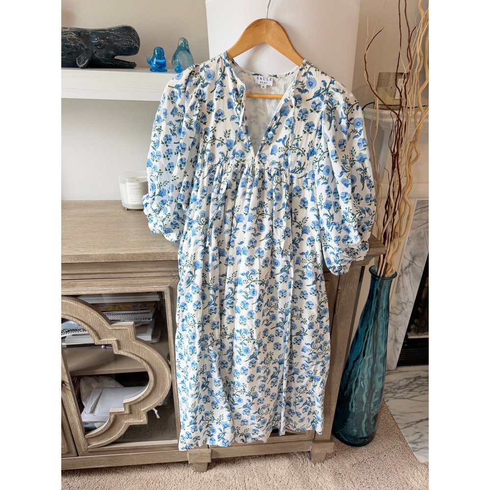 Saule Parc Floral Babydoll Dress Womens White Blue Size S